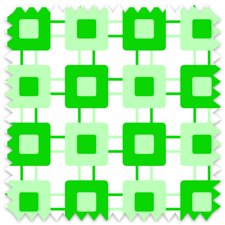 The artwork is a geometric pattern composed of interlocking squares in varying shades of lime green. Larger squares alternate between a medium lime and a lighter lime, each containing smaller squares of contrasting shades inside them. Thin horizontal and vertical lines connect the larger squares, forming a grid-like structure on a white background. The pattern is repetitive and symmetrical, creating a rhythmic and balanced visual effect.